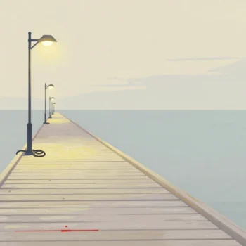 A lamplit wooden pier at dusk whose newly built far end extends past the last lamp into darkness.