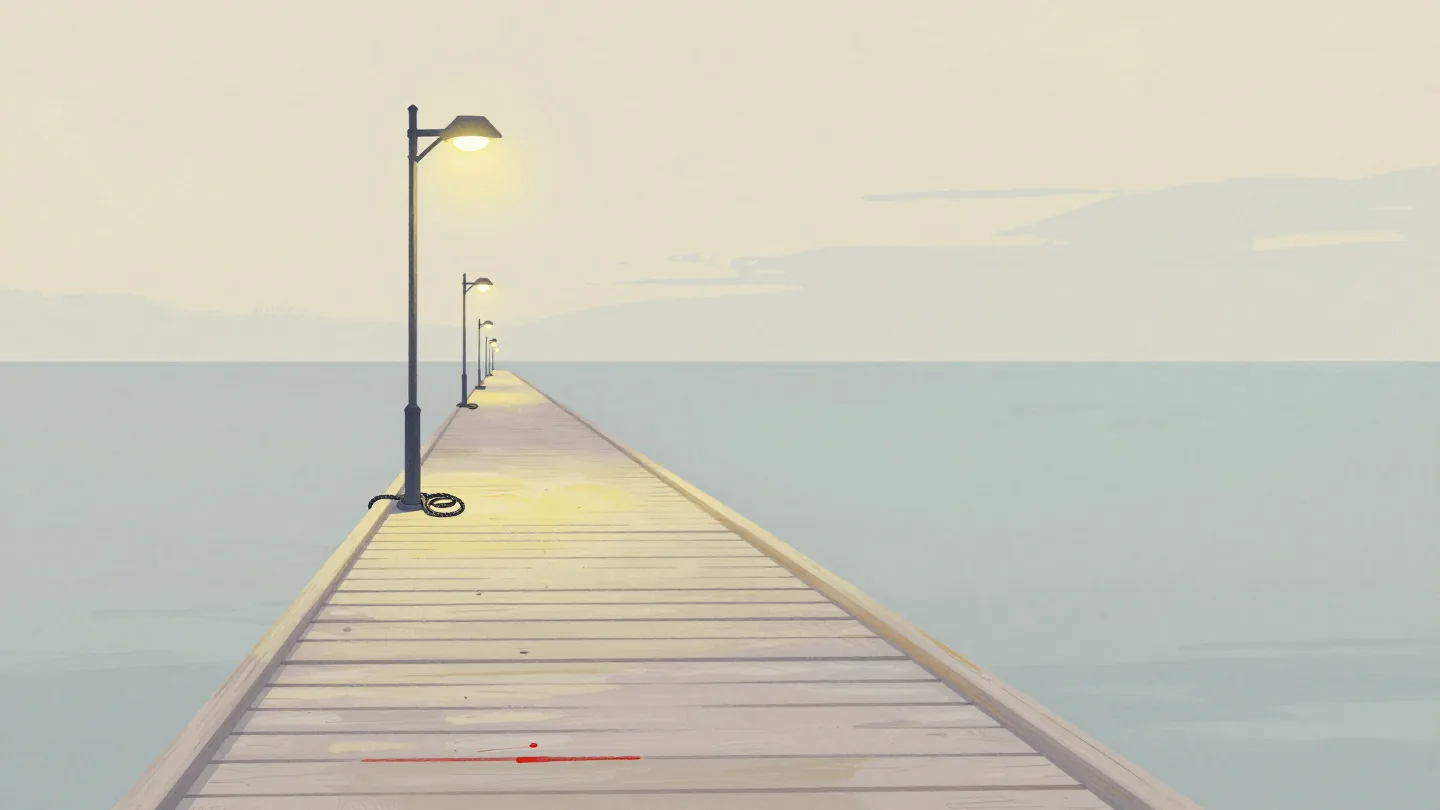 A lamplit wooden pier at dusk whose newly built far end extends past the last lamp into darkness.