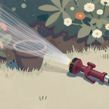 A garden hose nozzle with a red dial, one sharp jet and one wide gentle shower over flower beds