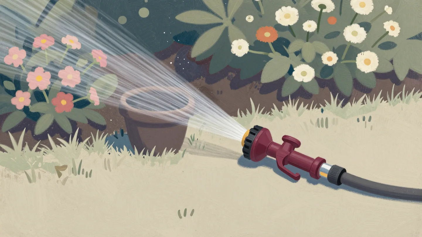 A garden hose nozzle with a red dial, one sharp jet and one wide gentle shower over flower beds