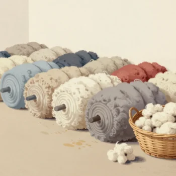 Tightly rolled fleeces in a row on a barn floor, beside an open hamper of loose wool waiting to be rolled.