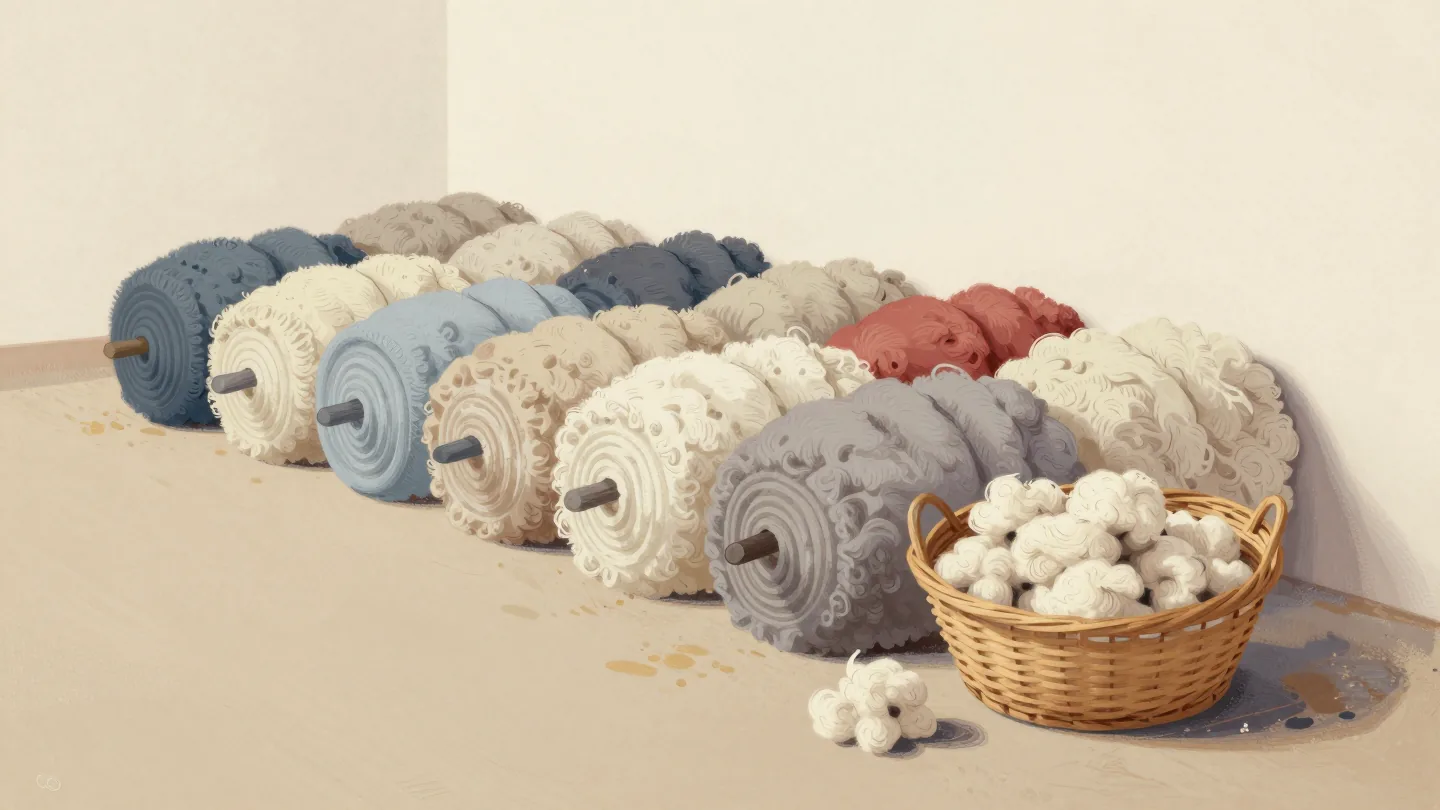 Tightly rolled fleeces in a row on a barn floor, beside an open hamper of loose wool waiting to be rolled.