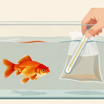 A goldfish in a bag floating in a new aquarium while a hand checks the water with a thermometer