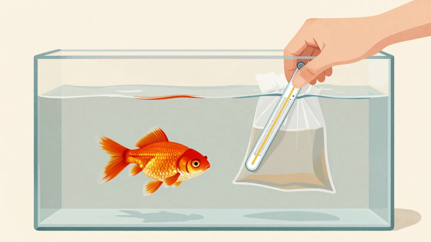 A goldfish in a bag floating in a new aquarium while a hand checks the water with a thermometer