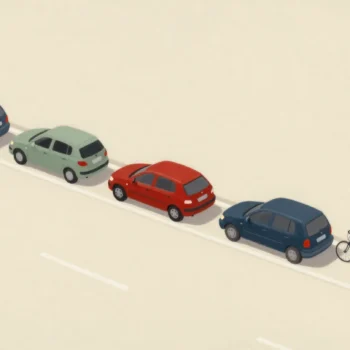 Parked cars along a curb seen from above with gaps between them, one wide enough for a car, one too short