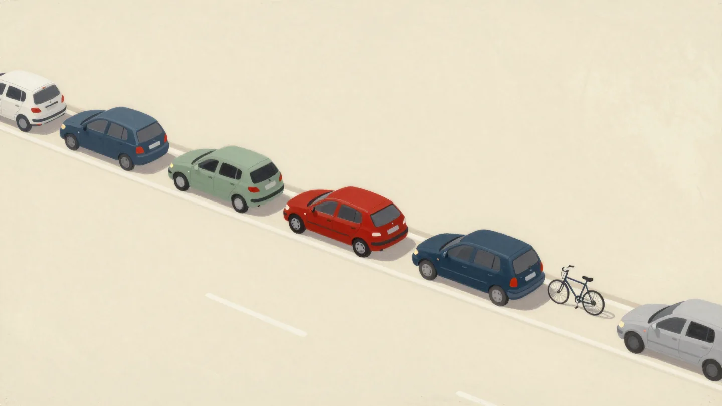 Parked cars along a curb seen from above with gaps between them, one wide enough for a car, one too short
