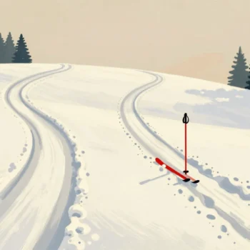 Two ski tracks leaving the same spot on a snowy hill, one in easy turns, one ending in a scuffed hollow by a red ski pole