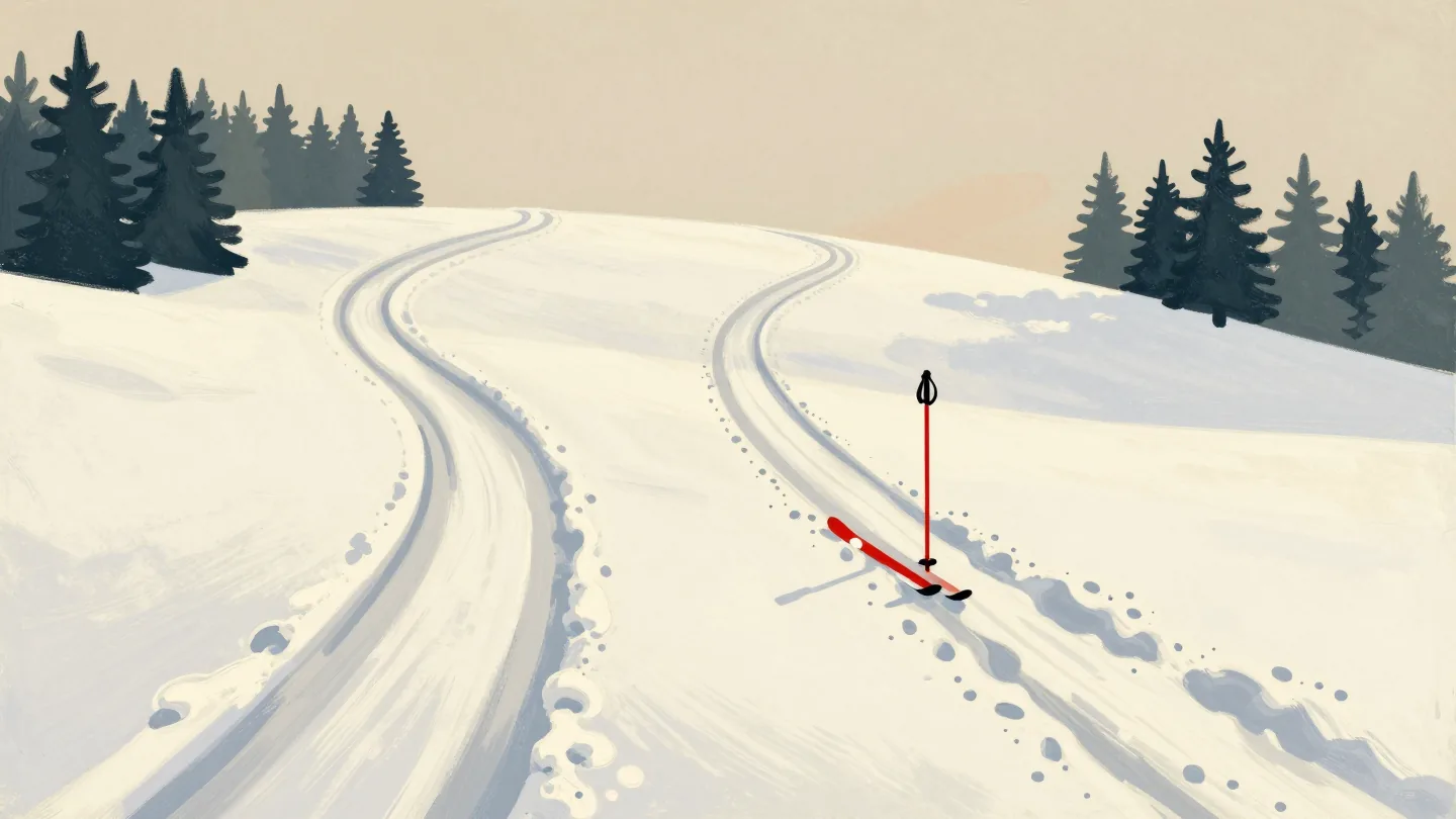 Two ski tracks leaving the same spot on a snowy hill, one in easy turns, one ending in a scuffed hollow by a red ski pole
