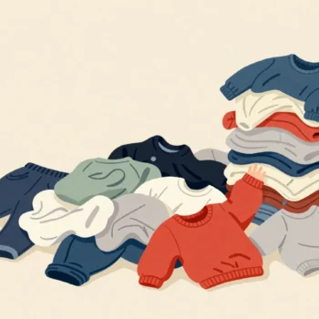 A hand turning a heap of inside-out children's clothes right side out one by one to find a red jumper.