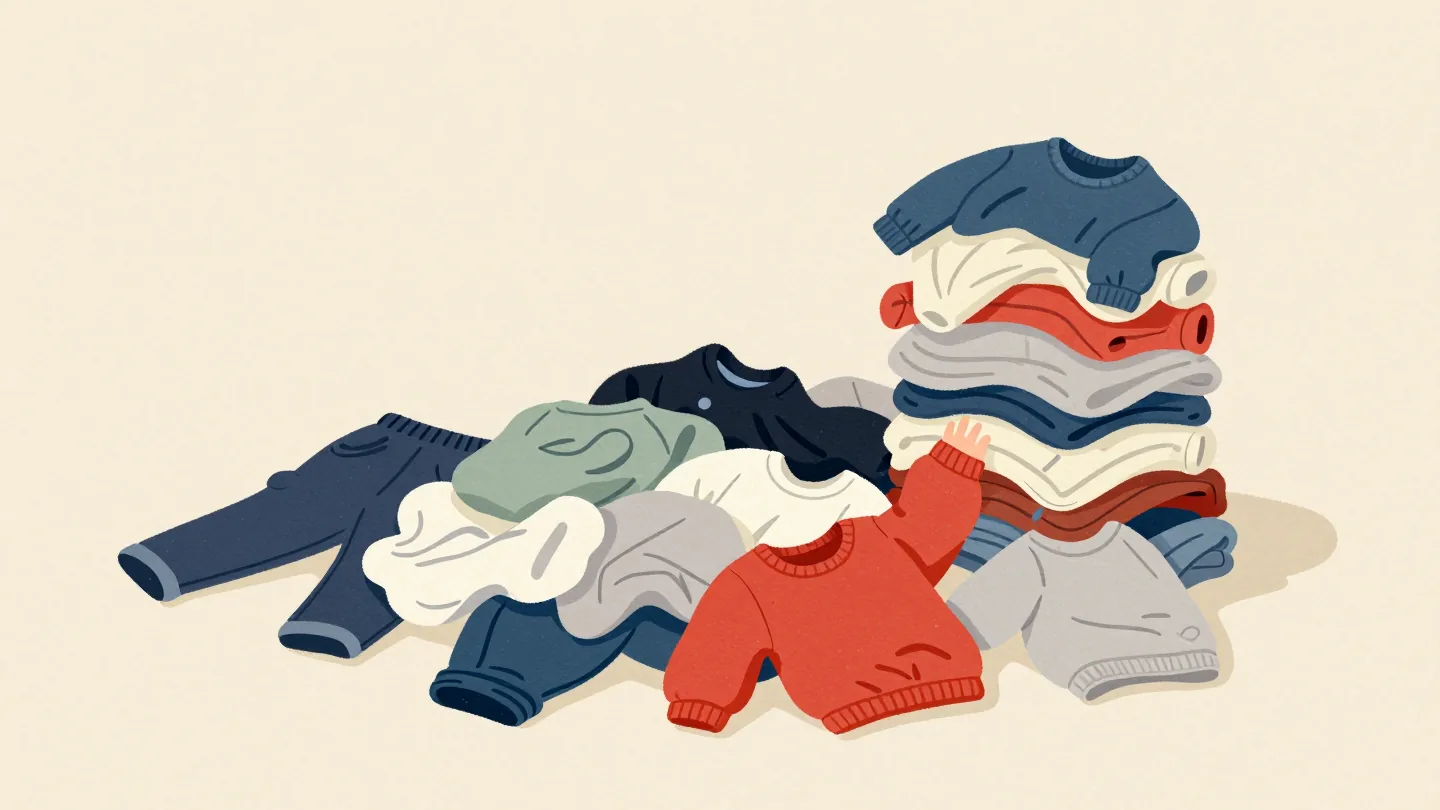 A hand turning a heap of inside-out children's clothes right side out one by one to find a red jumper.