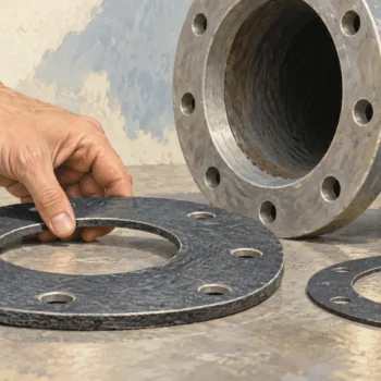 Two gaskets beside a pipe flange being checked for fit and thickness