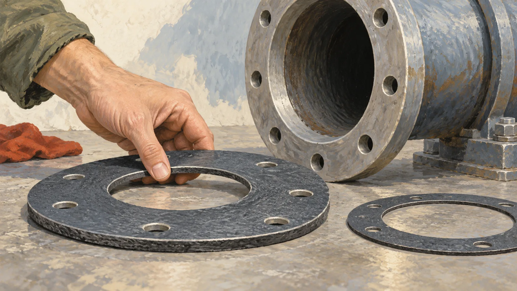 Two gaskets beside a pipe flange being checked for fit and thickness