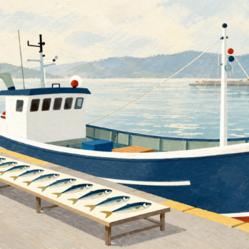 Fish are sorted on a quay table separate from a moored fishing boat
