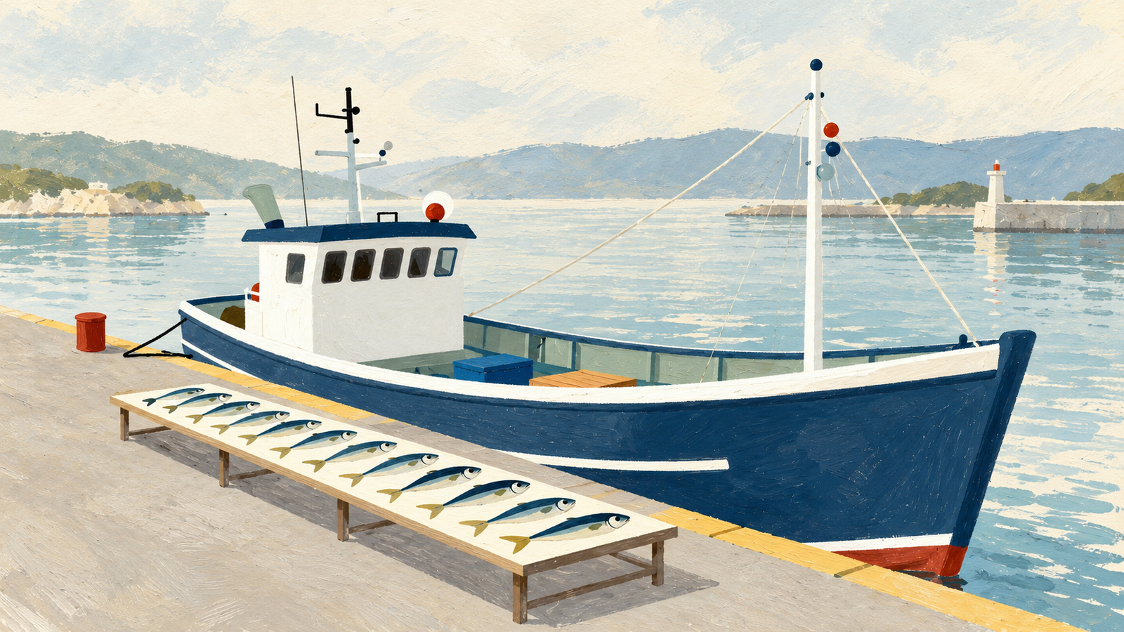 Fish are sorted on a quay table separate from a moored fishing boat