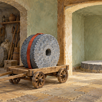 A handcart carries a millstone from a crowded workshop to a roomier adjacent space