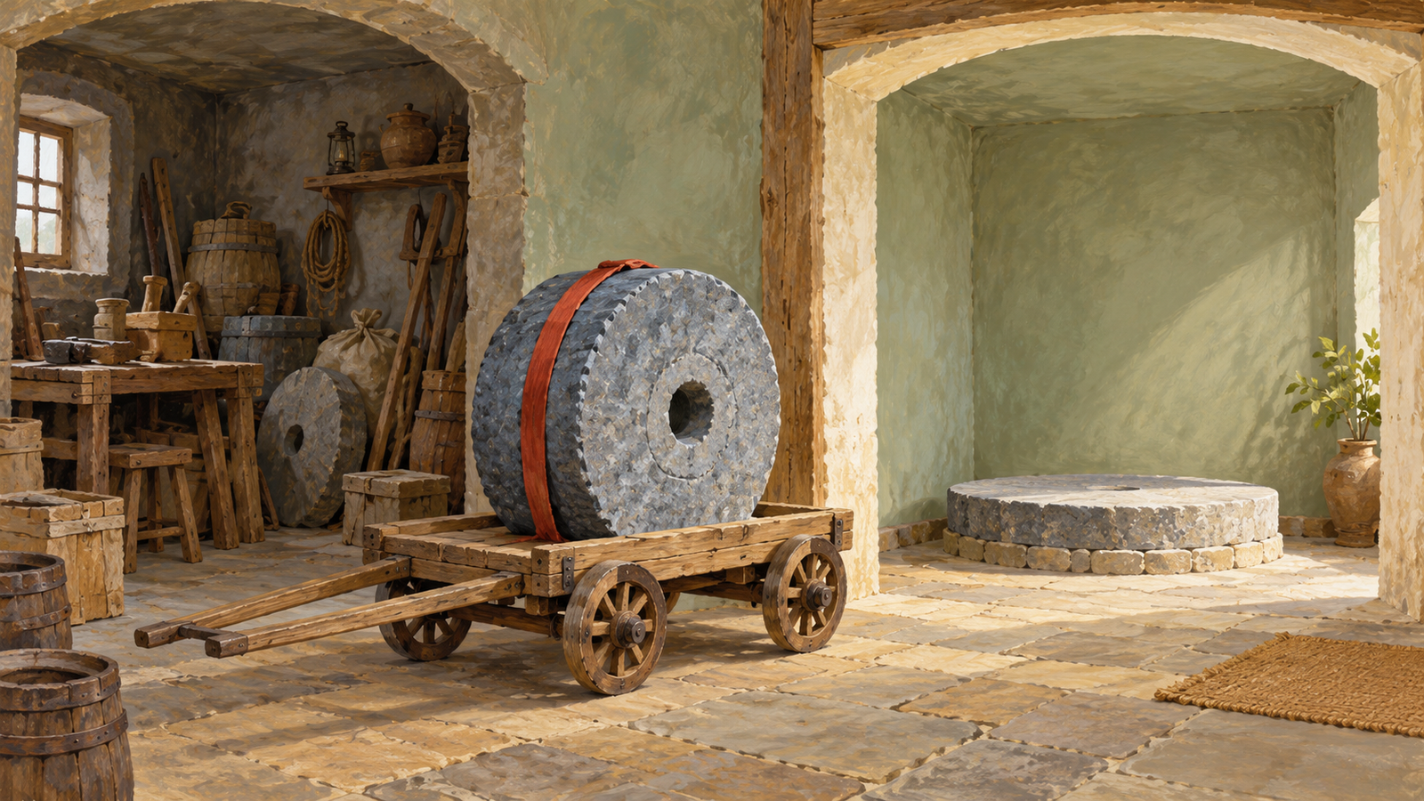A handcart carries a millstone from a crowded workshop to a roomier adjacent space
