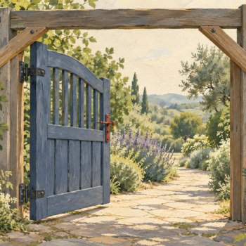 An open garden gate allows passage while sturdy braces keep its frame stable