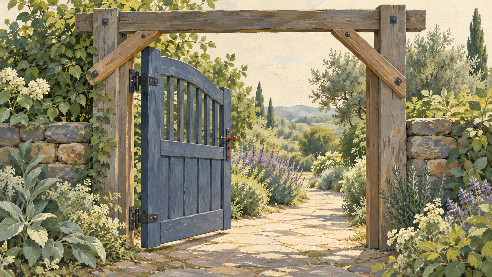 An open garden gate allows passage while sturdy braces keep its frame stable