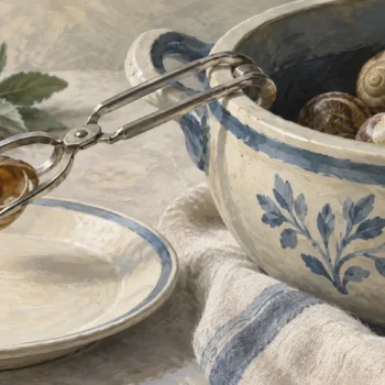 Escargot tongs returning one shell from a deep vessel to a shallow plate