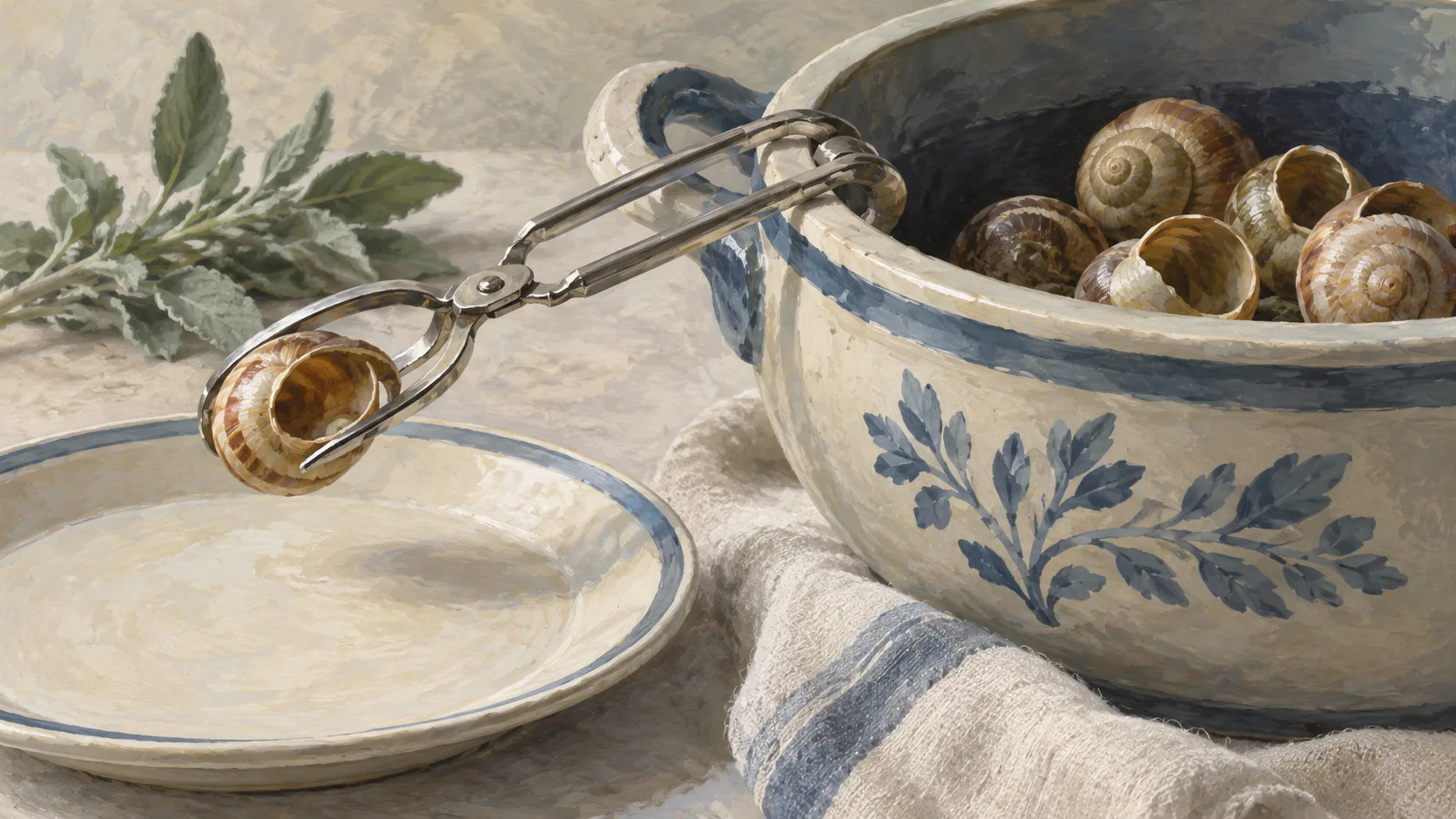 Escargot tongs returning one shell from a deep vessel to a shallow plate