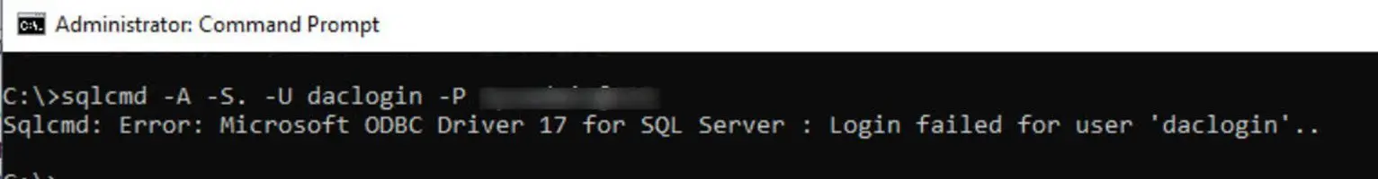 Login Failed Error Dialog In Command Prompt Window.