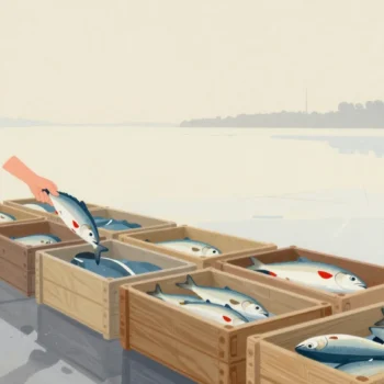 The morning catch sorted into shallow crates on ice on a harbor quay, a hand lifting one fish from a crate.