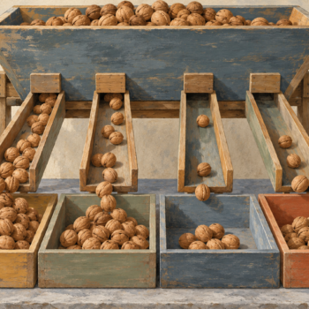 Four sorting channels deliver different-sized walnut heaps into separate compartments