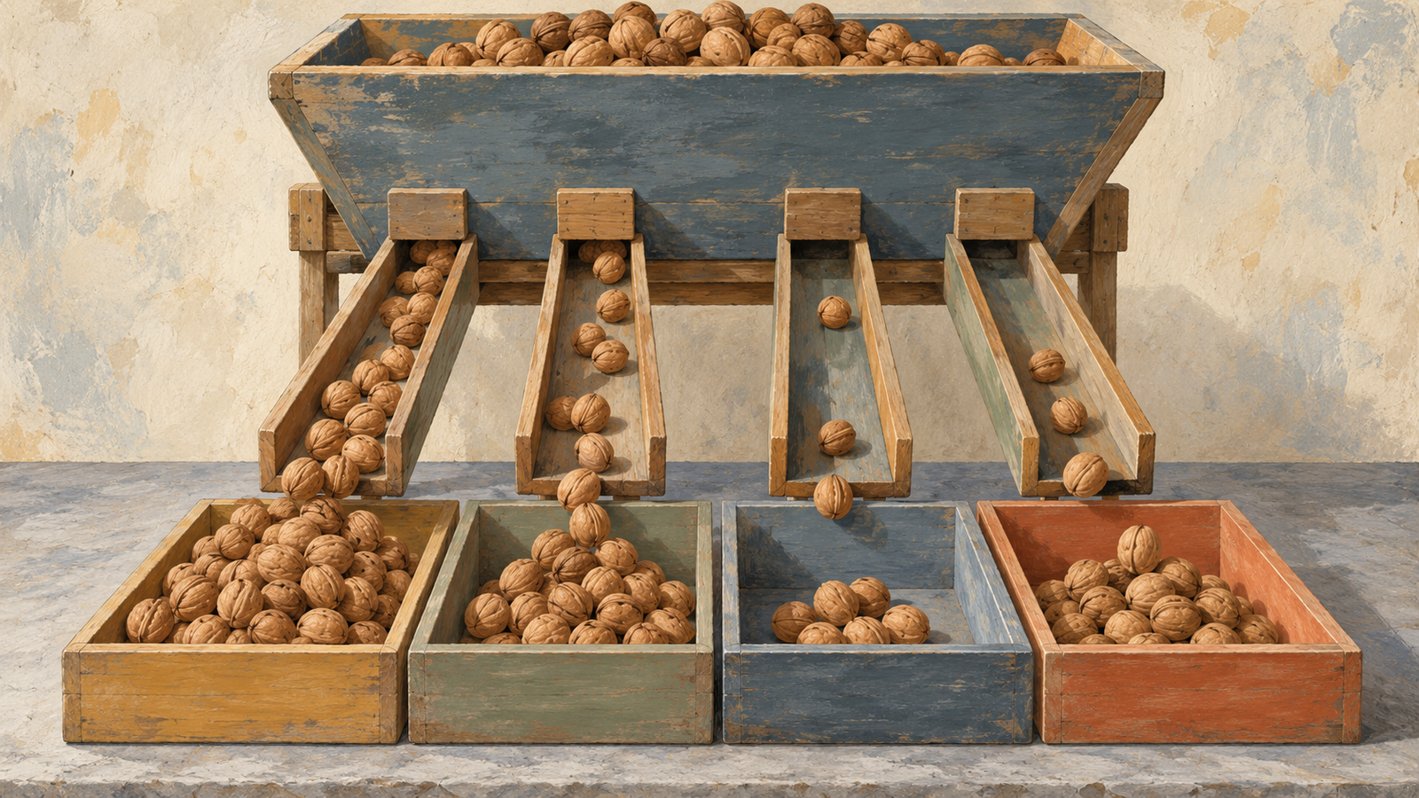Four sorting channels deliver different-sized walnut heaps into separate compartments
