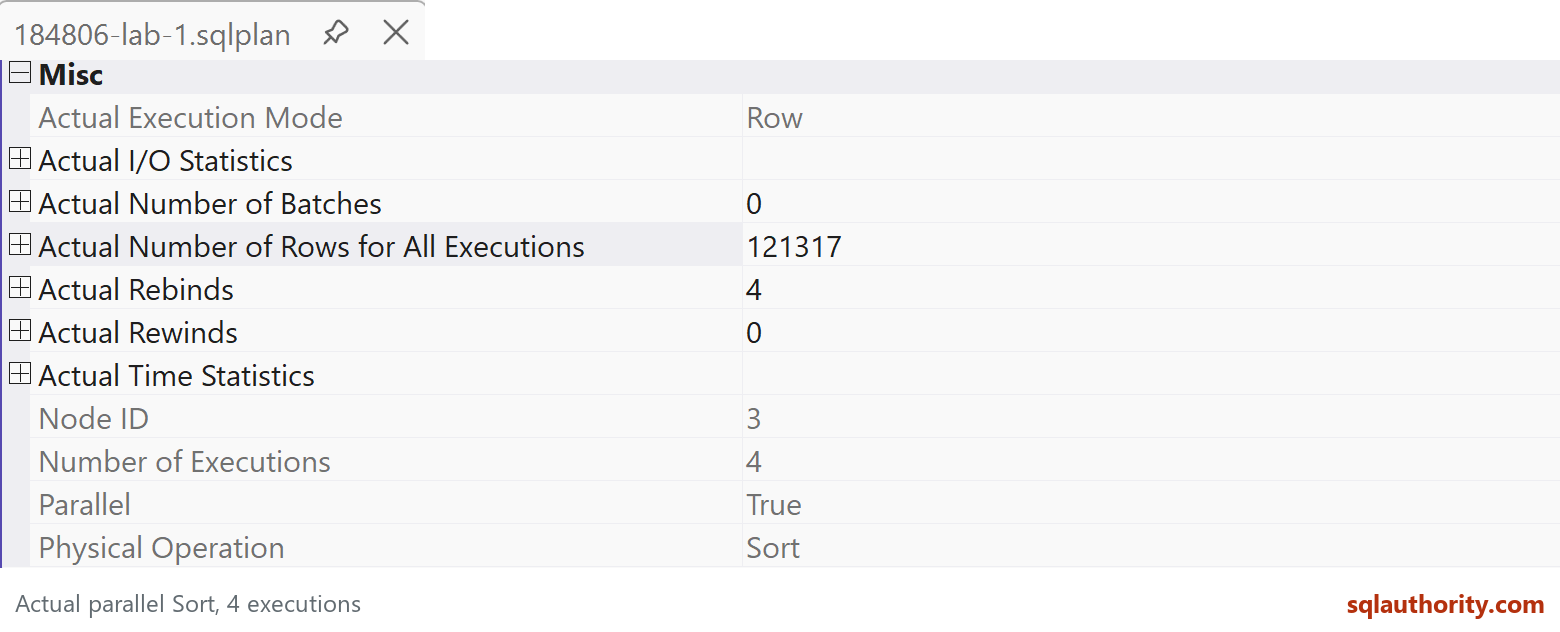 In this SQL Server 2025 run, the parallel Sort processed 121,317 rows over four executions. The properties confirm actual parallel execution; they do not show the per-worker distribution.