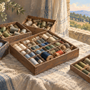 Overlapping spool collections are arranged in one compartmented case while a separate order remains apart