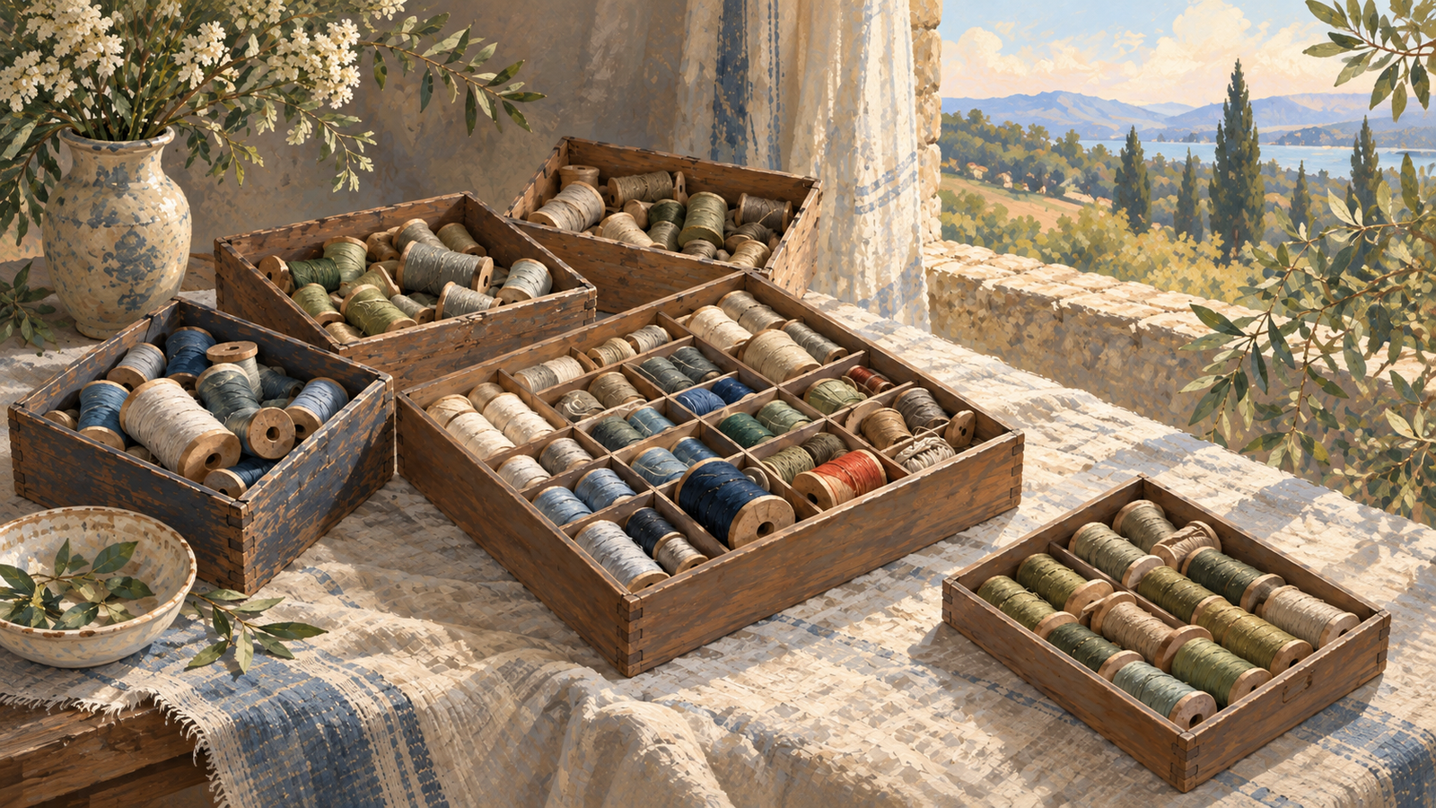 Overlapping spool collections are arranged in one compartmented case while a separate order remains apart