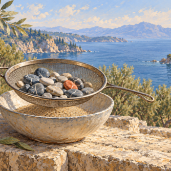A sieve retains two kinds of smooth pebbles while unwanted sand falls into a bowl