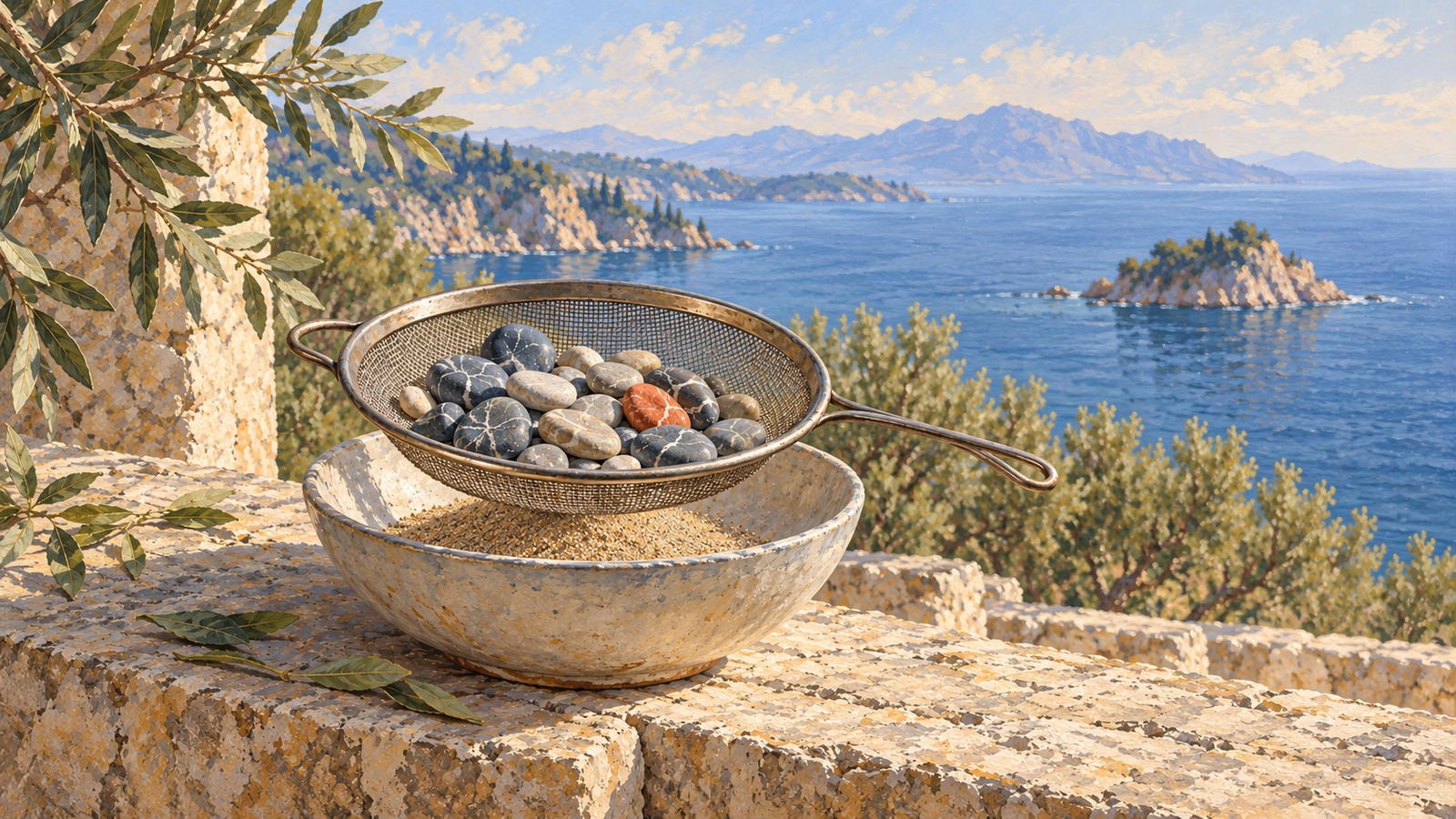 A sieve retains two kinds of smooth pebbles while unwanted sand falls into a bowl
