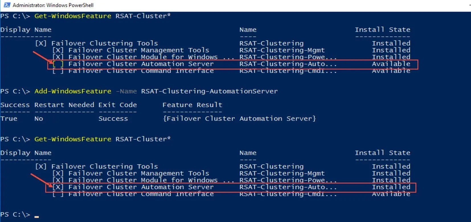 RSAT-ClusterTools installed in PowerShell.