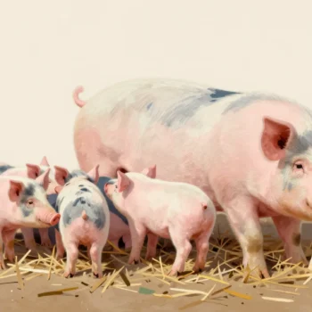 A row of piglets crowding a sow in a straw barn to feed, one with a red ear tag nudged out at the end.