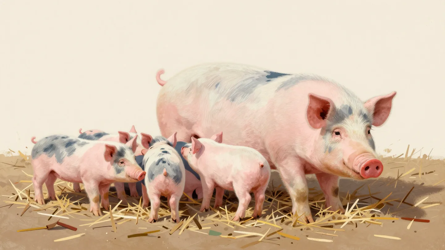 A row of piglets crowding a sow in a straw barn to feed, one with a red ear tag nudged out at the end.
