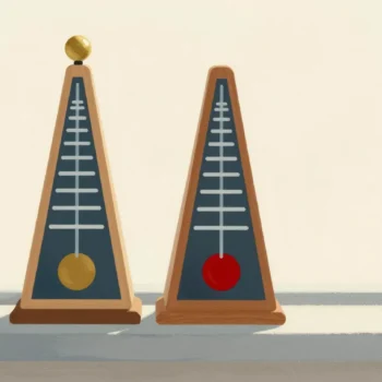 Two wooden metronomes side by side on a shelf, their pendulums swinging at different tempos