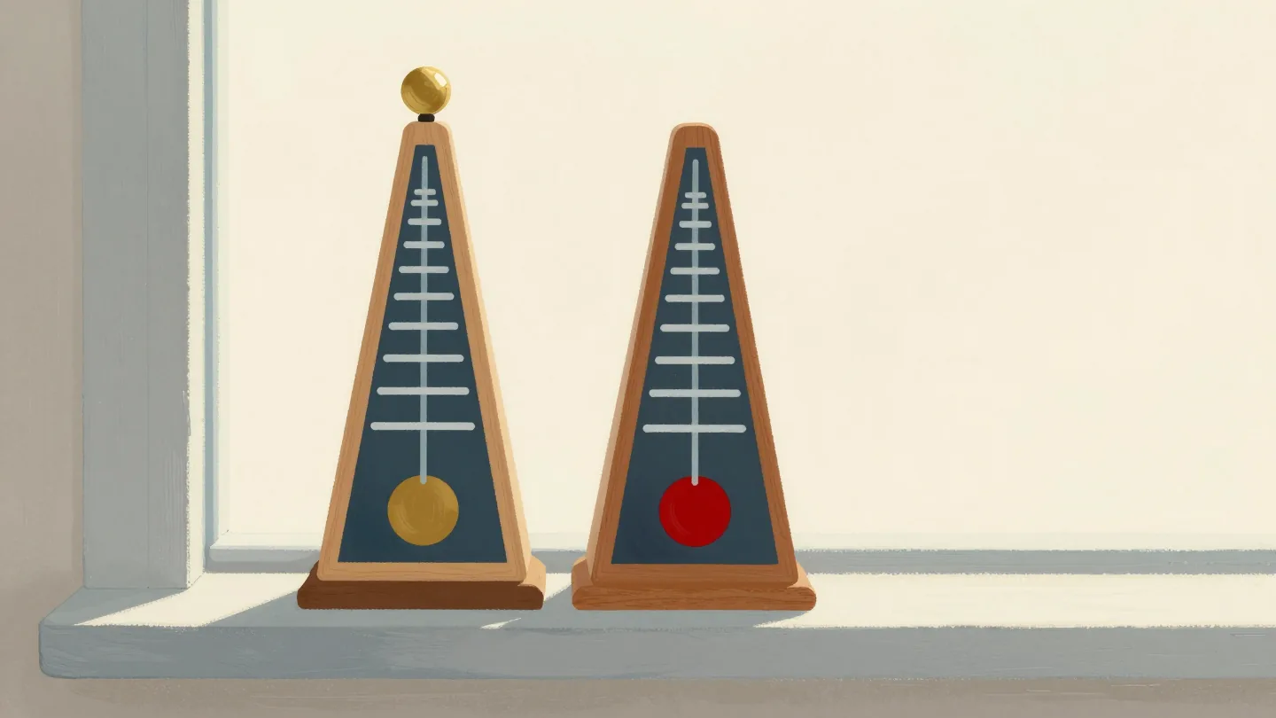 Two wooden metronomes side by side on a shelf, their pendulums swinging at different tempos