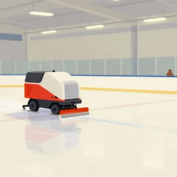 An ice resurfacing machine making its last pass across an empty rink while skaters wait at the gate