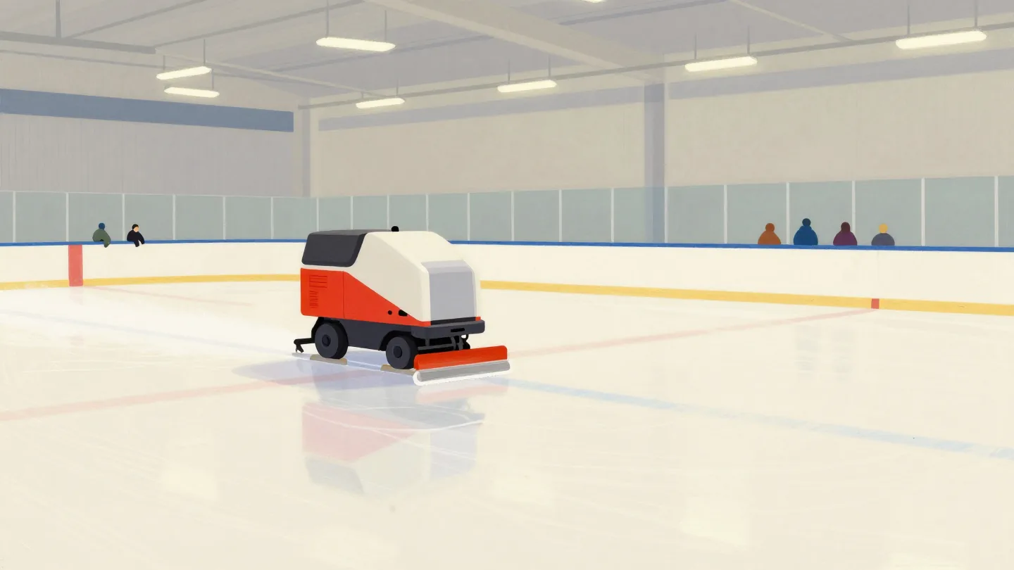 An ice resurfacing machine making its last pass across an empty rink while skaters wait at the gate