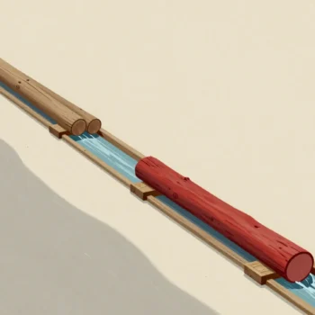 A wooden log flume on a hillside with logs queued at the top and a red log stuck midway.