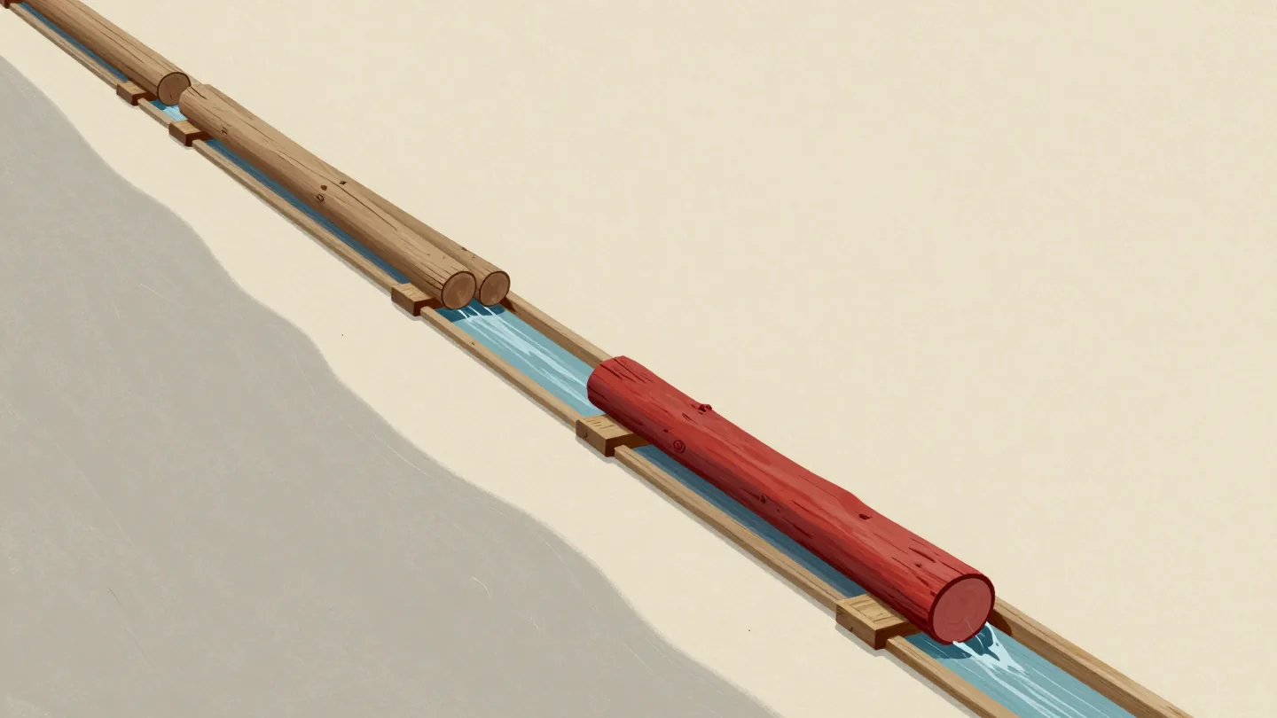 A wooden log flume on a hillside with logs queued at the top and a red log stuck midway.