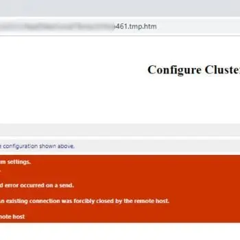 Error dialog from SQL Server cluster management page.