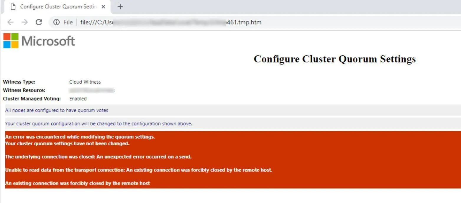 Error dialog from SQL Server cluster management page.