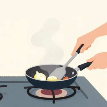 Student's hands stirring a pan while a teacher's hand points without touching it