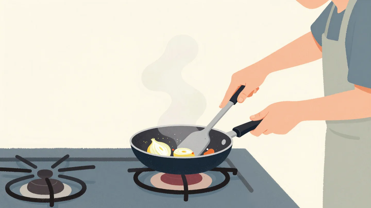 Student's hands stirring a pan while a teacher's hand points without touching it