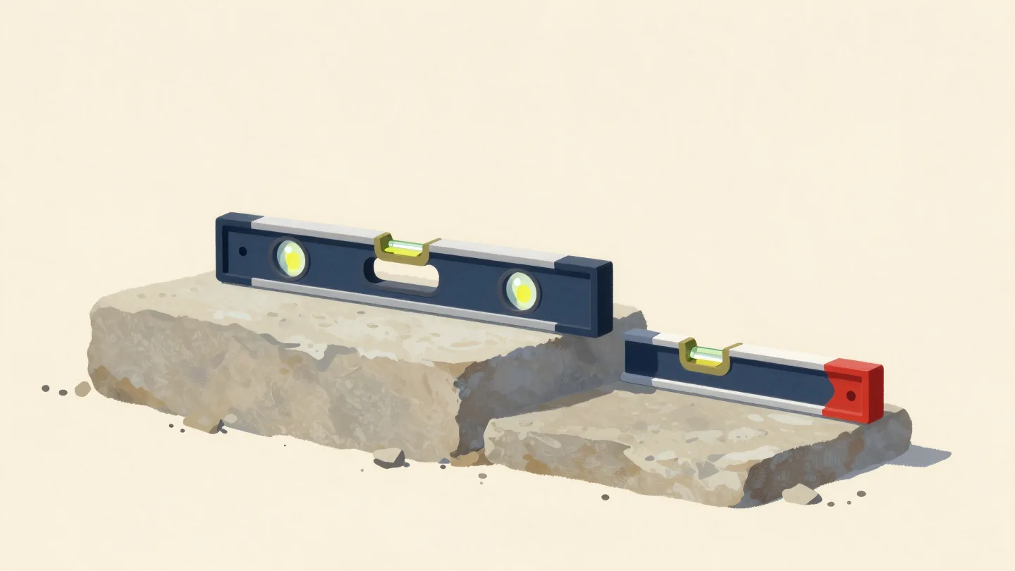 Two spirit levels on stone steps, one bubble centered on the new step, one off on the old