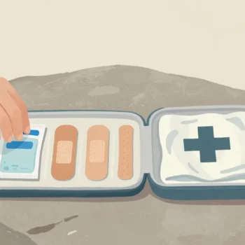 An open first aid kit on a rock with its contents laid out in order, a hand reaching for the first