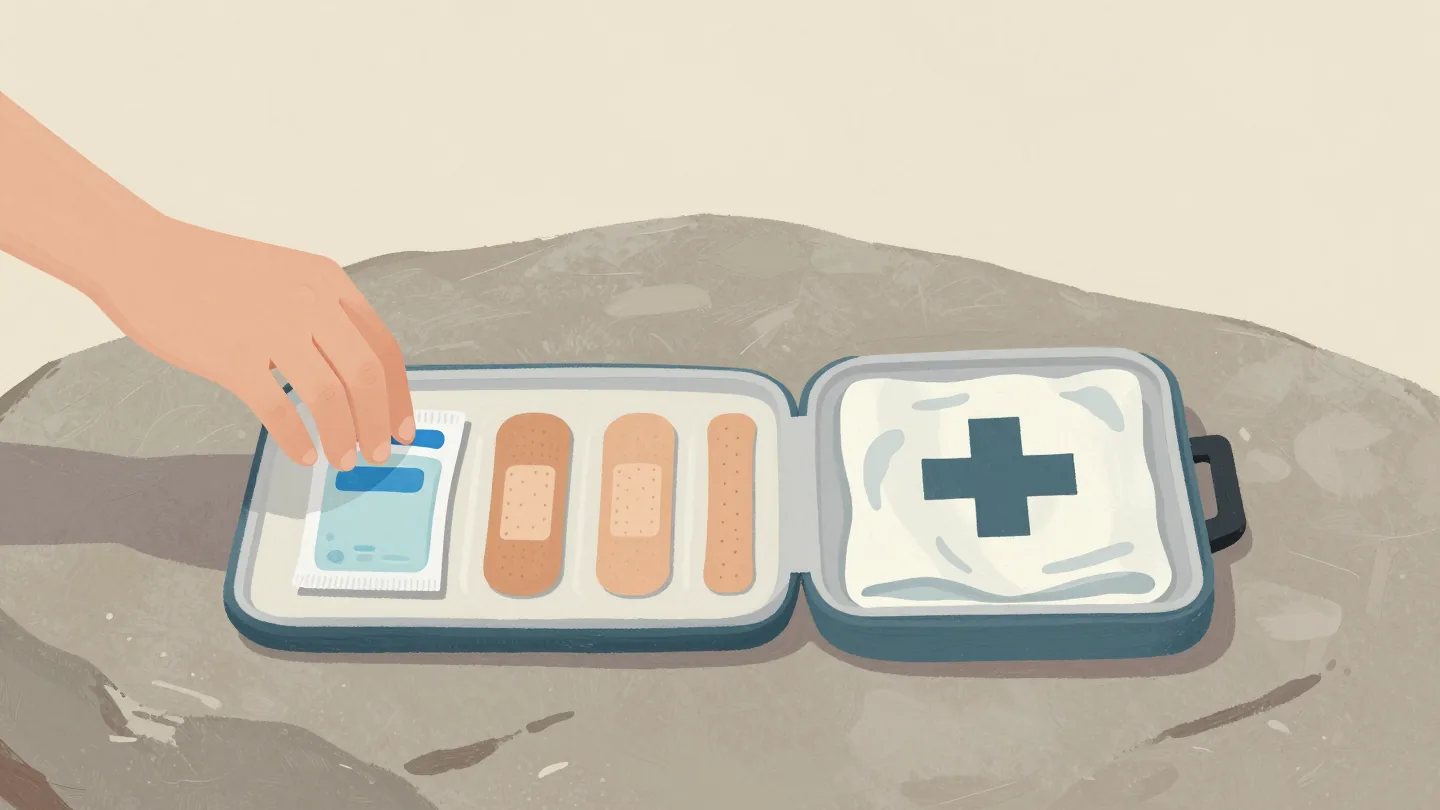 An open first aid kit on a rock with its contents laid out in order, a hand reaching for the first