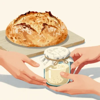 Two hands passing a jar of sourdough starter across a counter, a loaf from it cooling behind